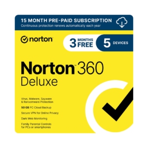 Norton 360 Deluxe – 50GB Cloud Backup for 5 Devices (15-Month Subscription)