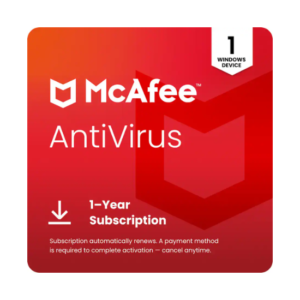 McAfee AntiVirus for 1 Device – Windows (1-Year Auto-Renewal, Digital Download)